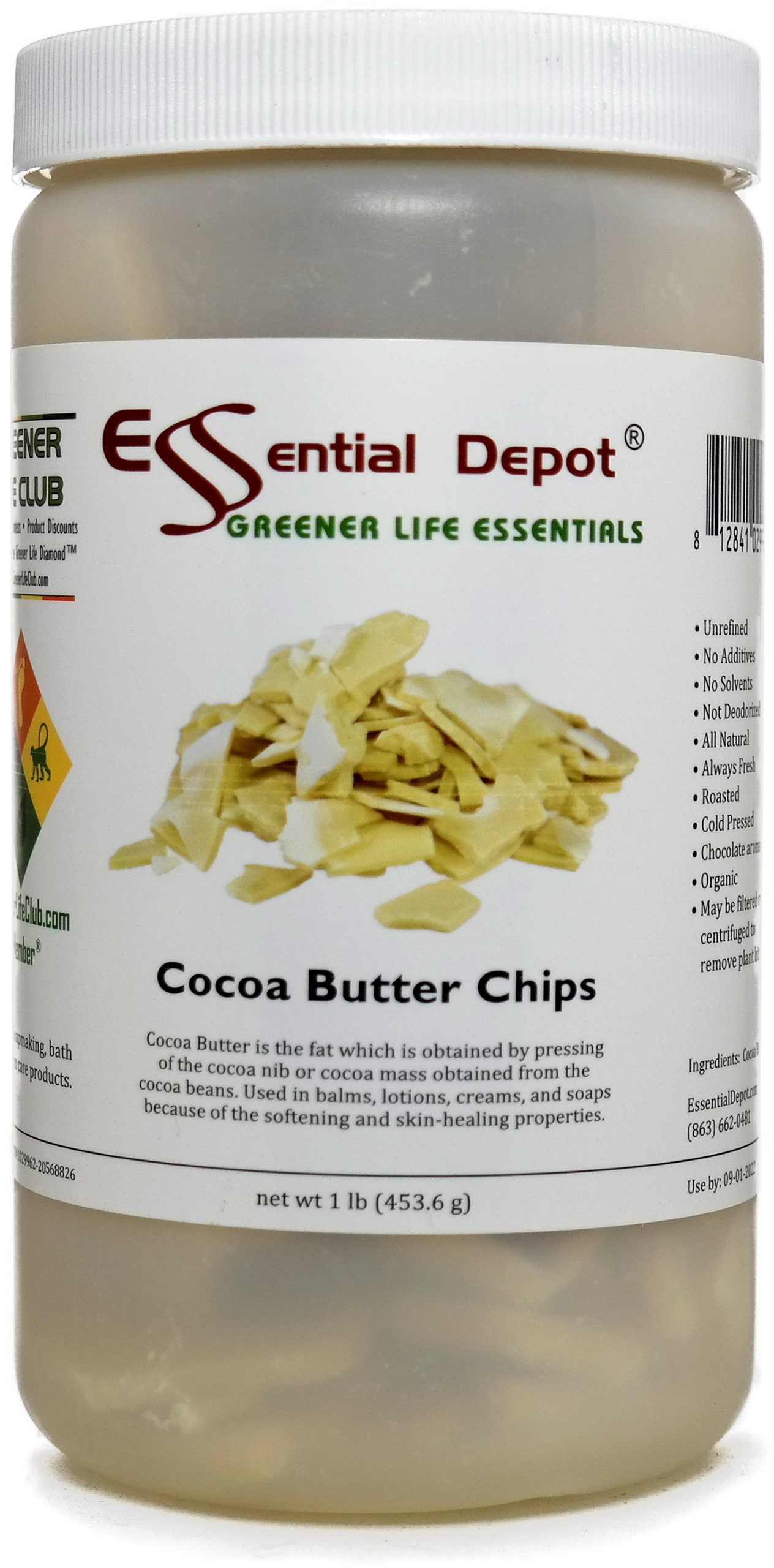 Cocoa Butter Chips Organic Unrefined 1 lb net wt Essential Depot