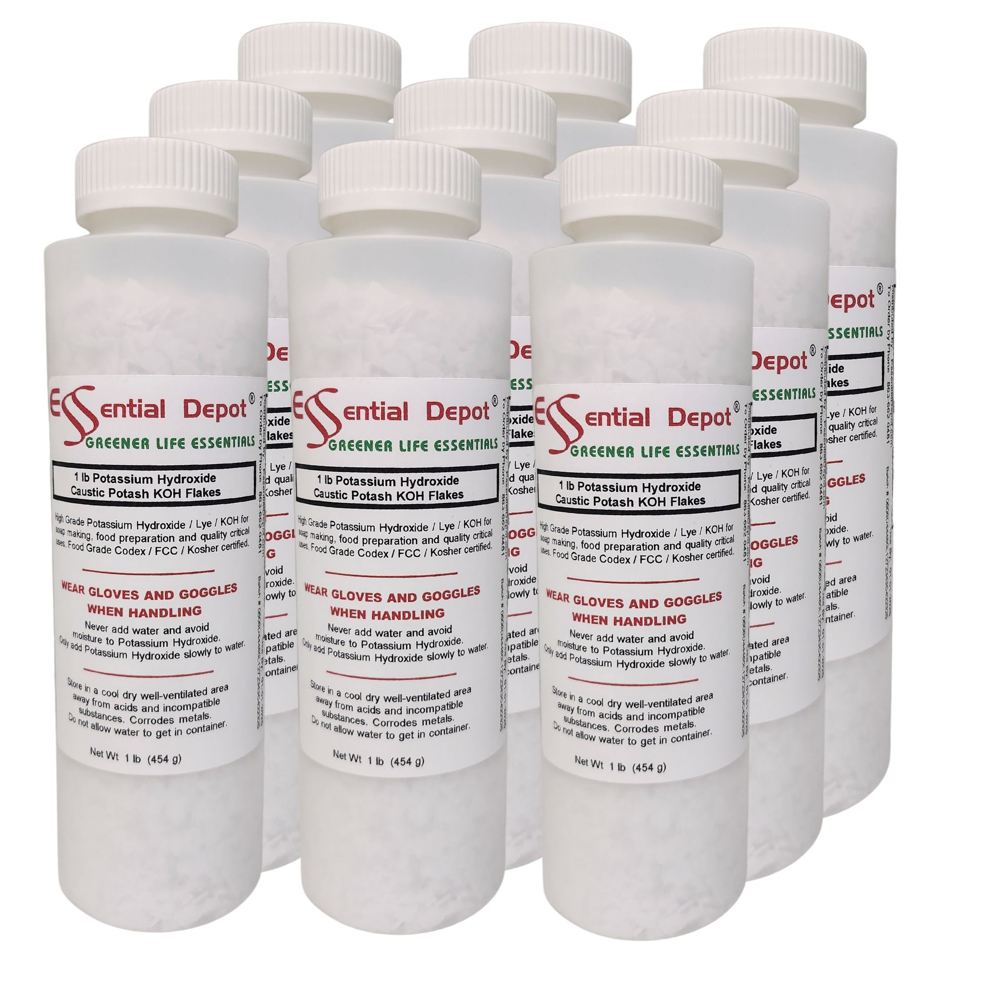 Potassium Hydroxide Flakes KOH, Caustic Potash - 9 x 1lb Bottles