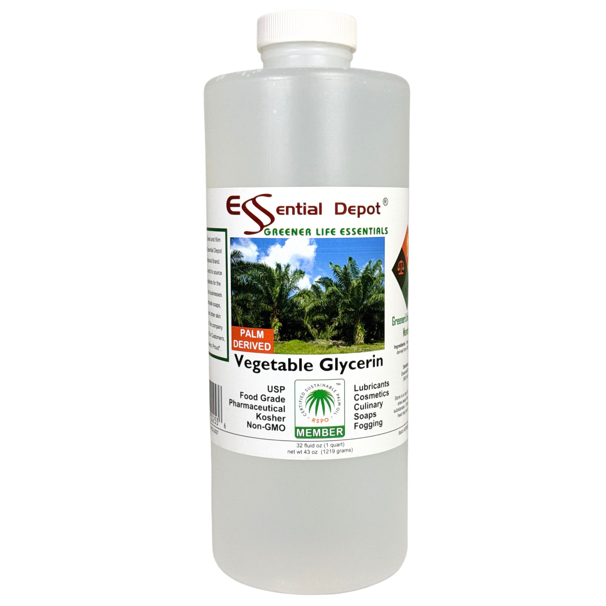 Glycerin Vegetable - 1 Quart (43 oz. net wt) - Non GMO - Sustainable Palm Based - USP - KOSHER: Essential Depot Glycerin Vegetable - 1 Quart (43 oz. net wt) - Non GMO - Sustainable Palm Based - USP - KOSHER: Essential Depot