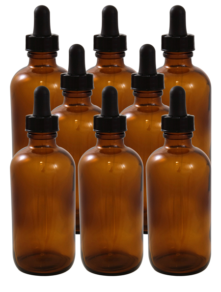 8 Pack 4oz Amber Boston Round (Glass) 22/400 With Black Dropper Assembly (Glass)