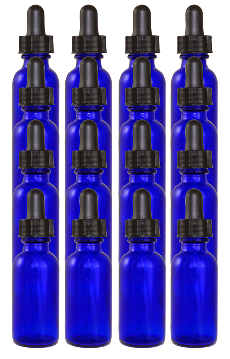 16 Pack 1oz Cobalt Boston Round (Glass) Bottle 20/400 With Black Dropper Assembly (Glass)