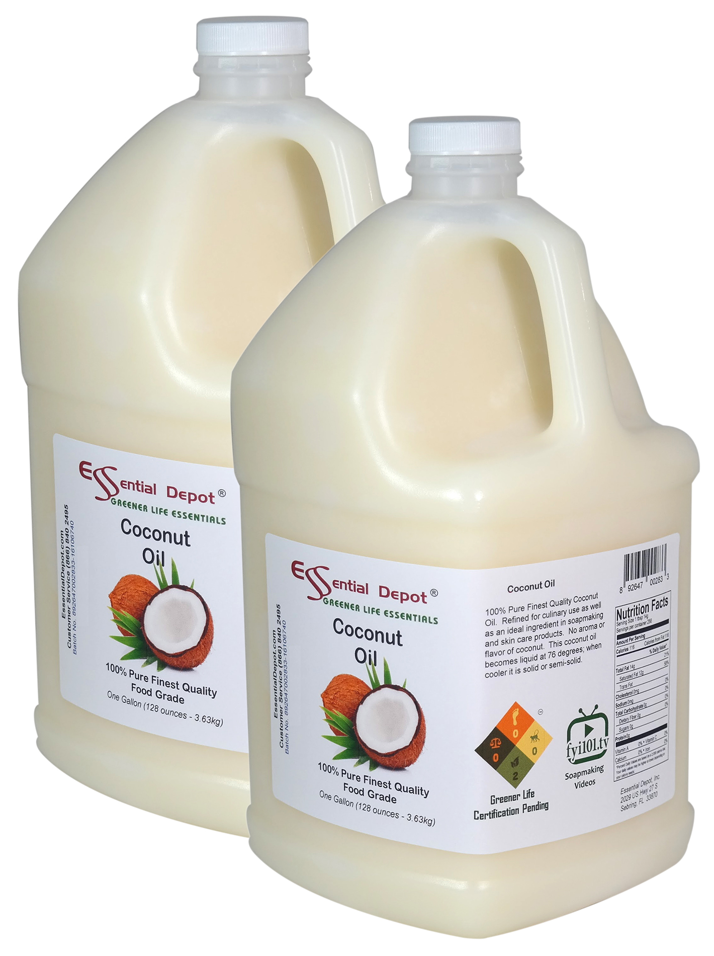 Coconut Oil Food Safe 2 Gallons 2 x 1 Gallon Containers FREE US