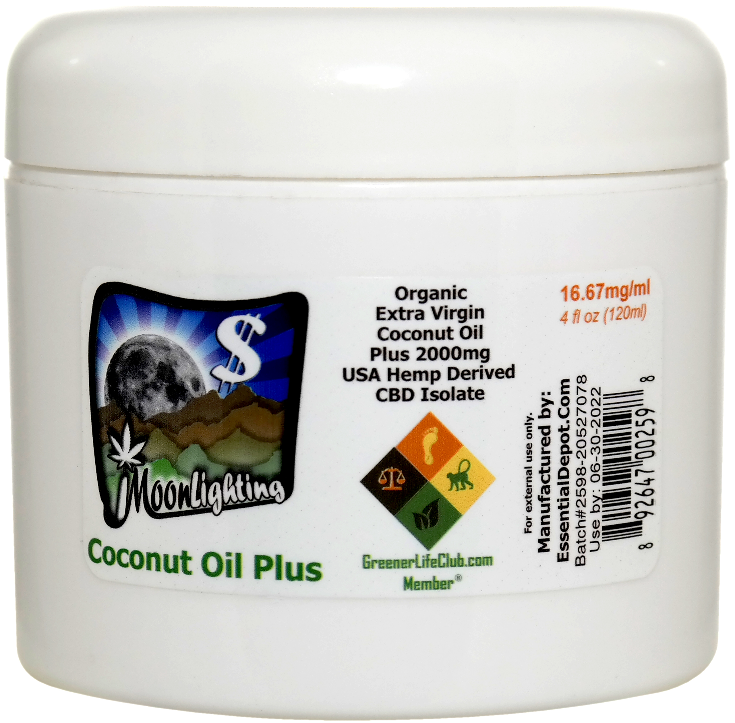 Extra Virgin Organic Coconut Oil 4 oz Plus 2000mg CBD Isolate USA