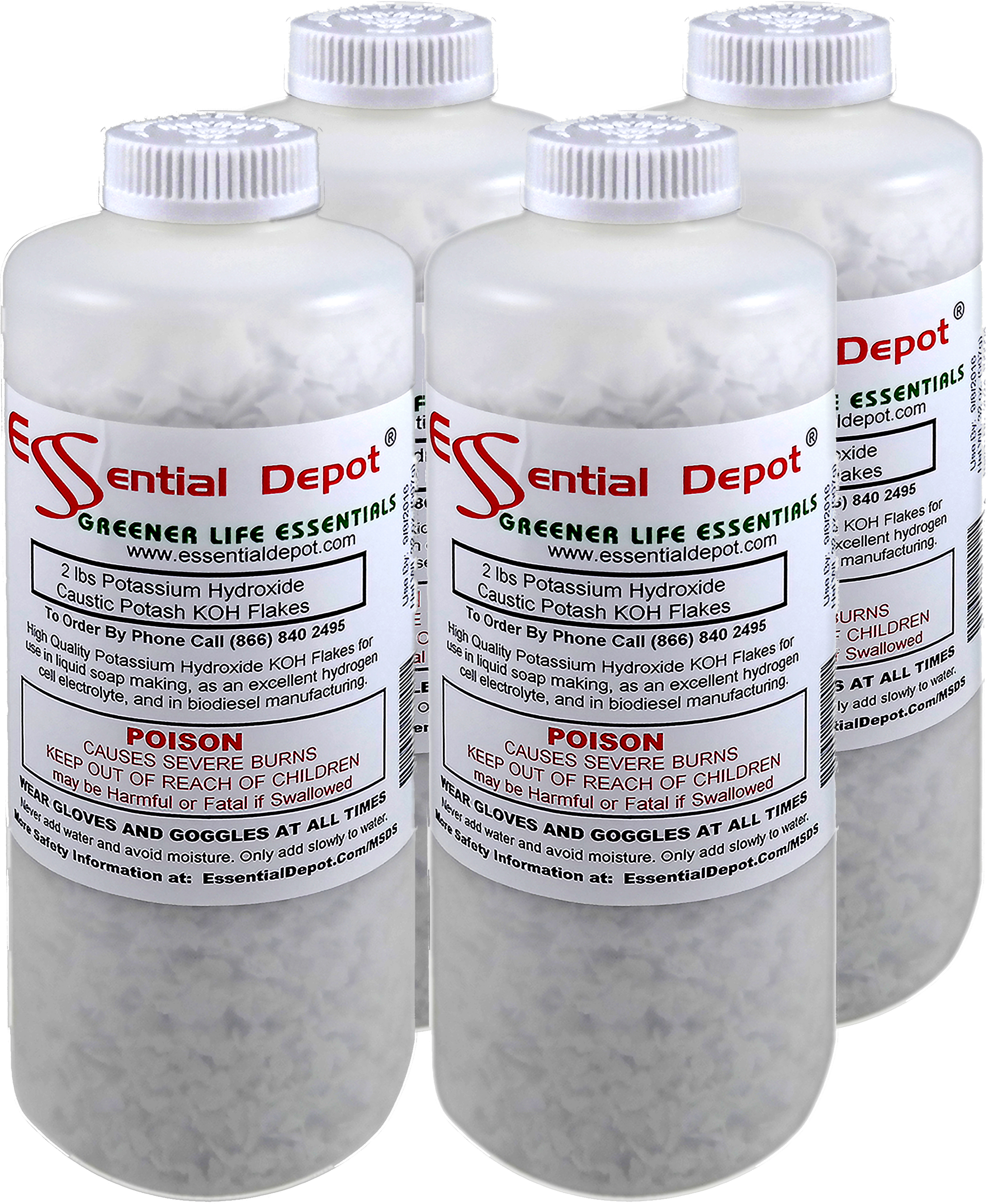 Potassium Hydroxide Flakes KOH, Caustic Potash Anhydrous KOH Dry - 8 lbs -  4 x 2lb Bottles: Essential Depot