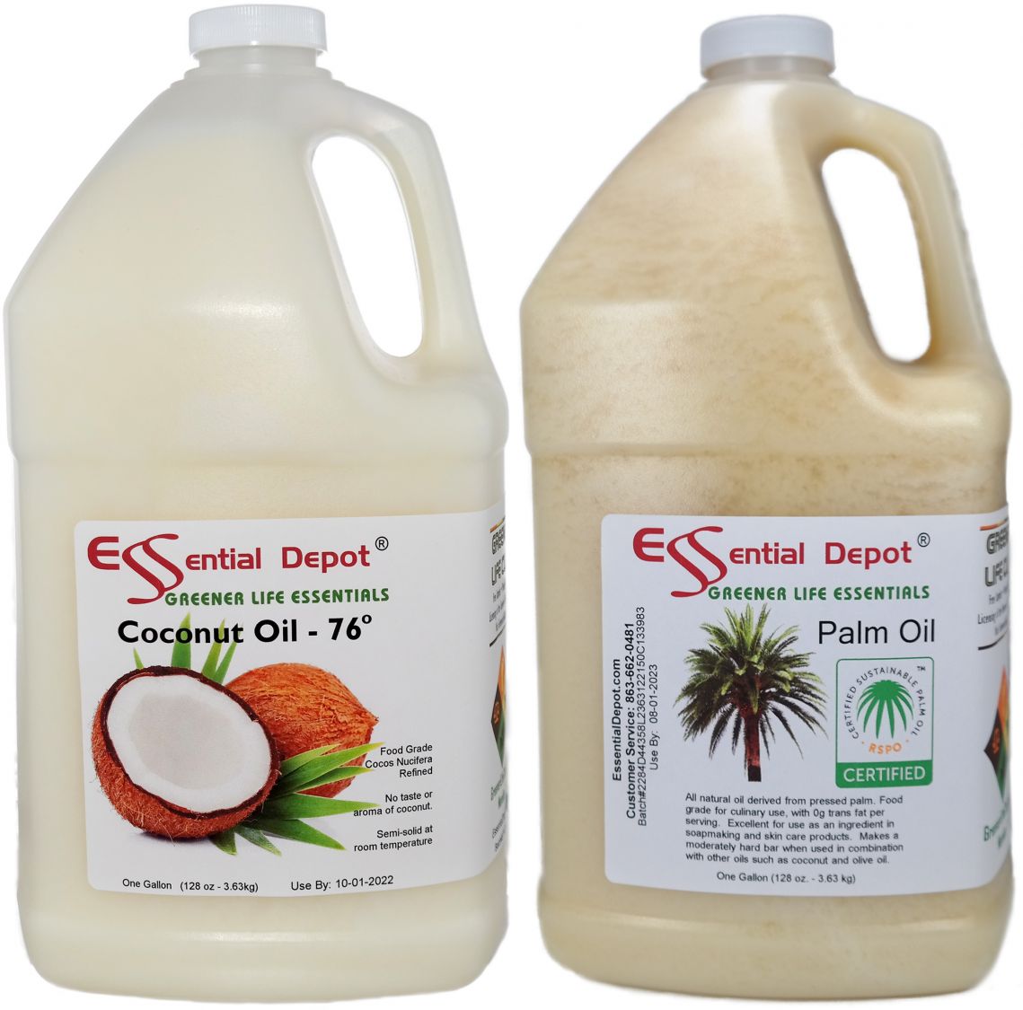 Coconut Oil 76F 1-Gallon and Palm Oil RSPO Sustainable 1-Gallon -  Combination Pack - 2 x 1 Gallon